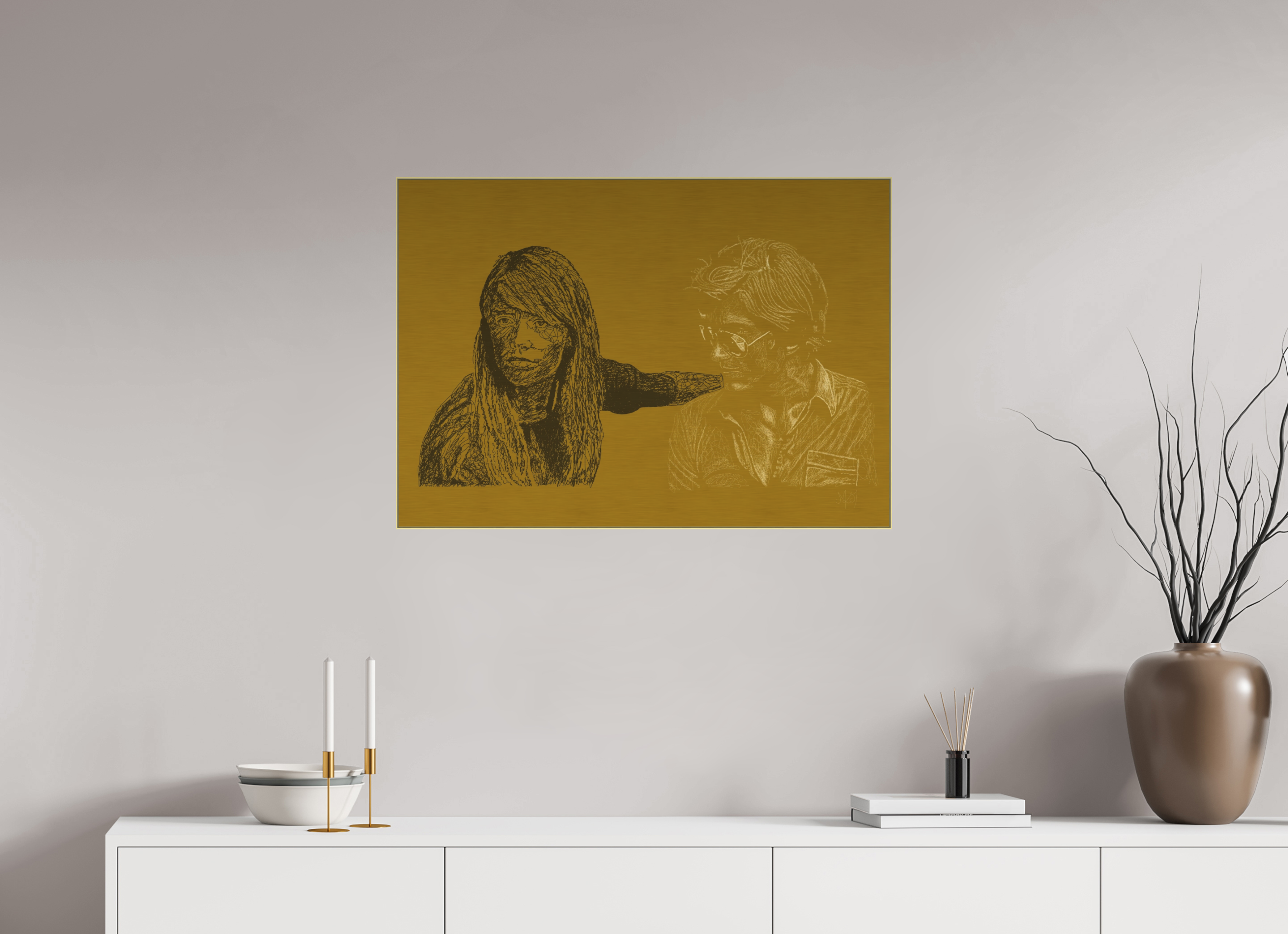 ISO A1 (84,1 x 59,4 cm), Direct Print on Brushed Aluminium Dibond - Gold Attachement - Focus on Dark - Alu Dibond - Gold