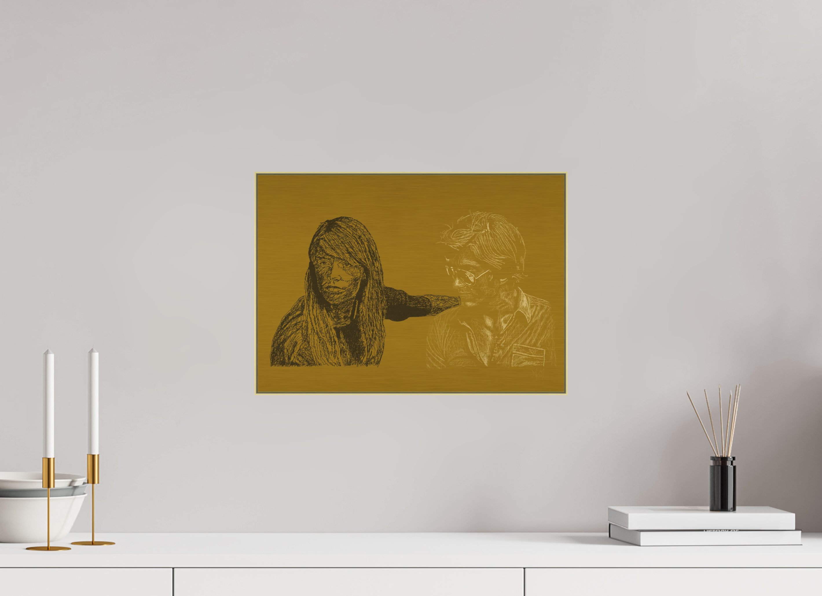 ISO A3 (42 x 29,7 cm), Direct Print on Brushed Aluminium Dibond - Gold Attachement - Focus on Dark - Alu Dibond - Gold